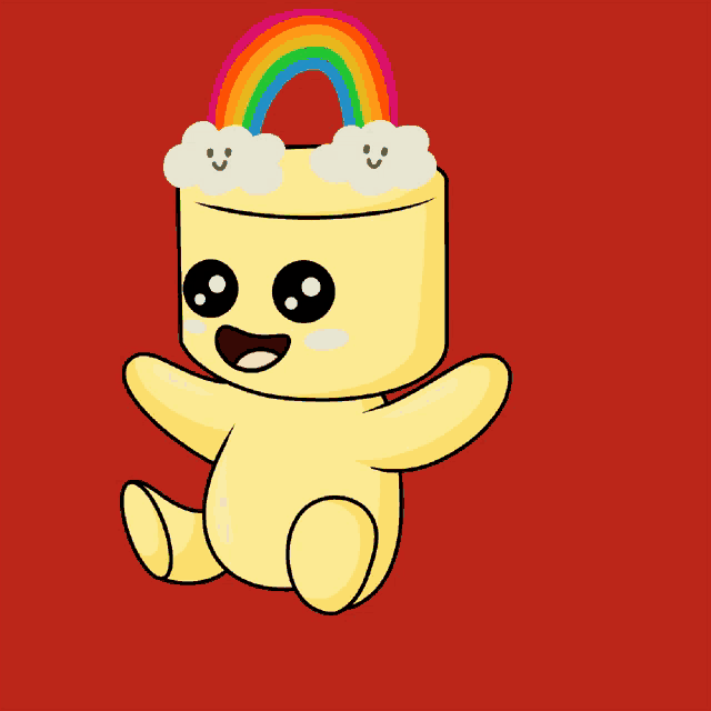 a yellow cartoon character with a rainbow and clouds on his head