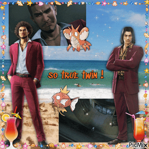 a picture of a man in a red suit with the words so true twin on the bottom