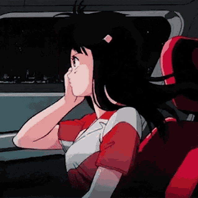 a cartoon girl is sitting in a car looking out the window .