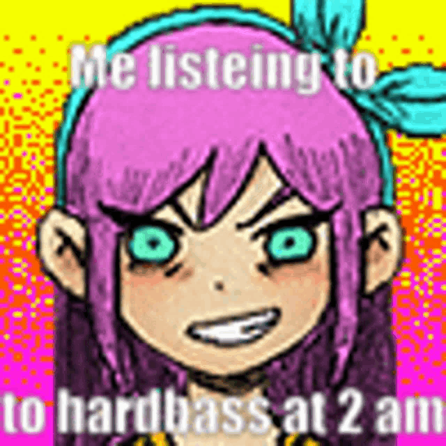 a cartoon of a girl with purple hair and blue eyes is listening to hardbass at 2 am .