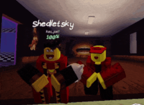 two cartoon characters are standing next to each other in a room with the name shedet sky above them