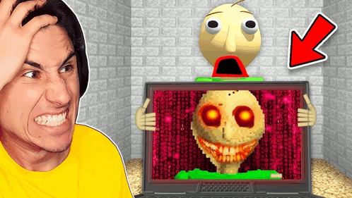 a man in a yellow shirt is holding a laptop with a cartoon character on the screen