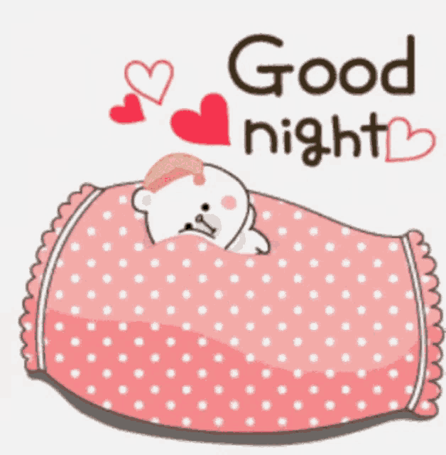a teddy bear is sleeping on a pink polka dot pillow with the words good night