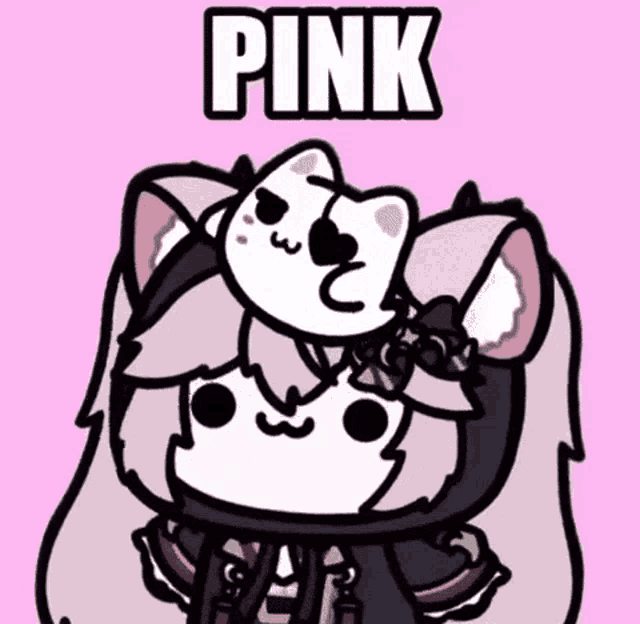 a cartoon of a girl with a cat on her head and the word pink written above her .