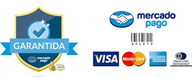 a shield with the word garantida on it next to logos for mercado pago visa and mastercard