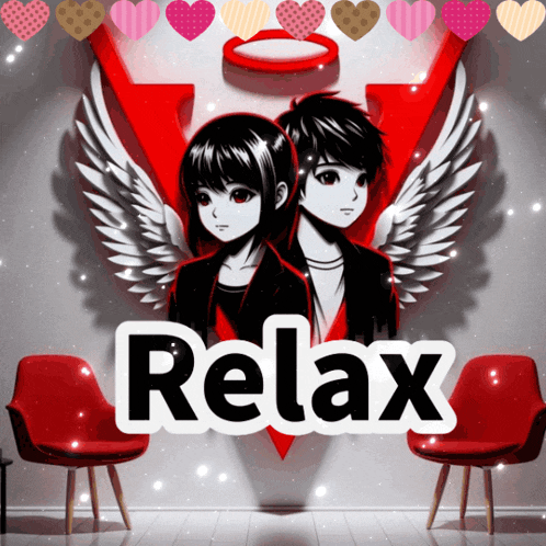 a poster with a boy and a girl with wings and the words relax