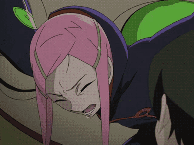 a cartoon character with pink hair and a green and purple outfit