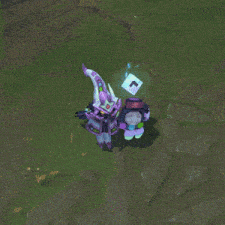 a video game character with a purple helmet and a white letter c