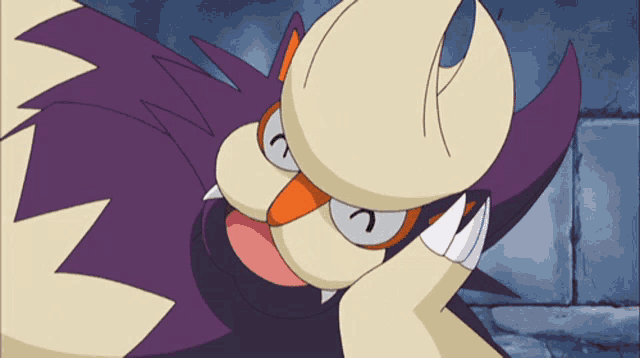 a cartoon drawing of a monster with a purple tail and a white face