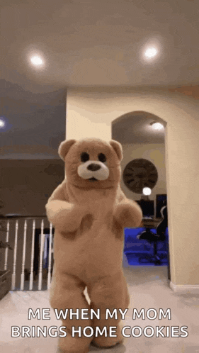 a teddy bear is dancing in a living room with the words `` me when my mom brings home cookies '' written on it .