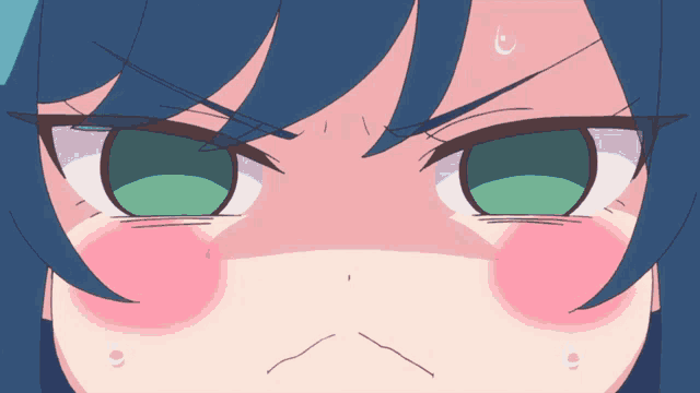 a close up of a girl 's face with blue hair