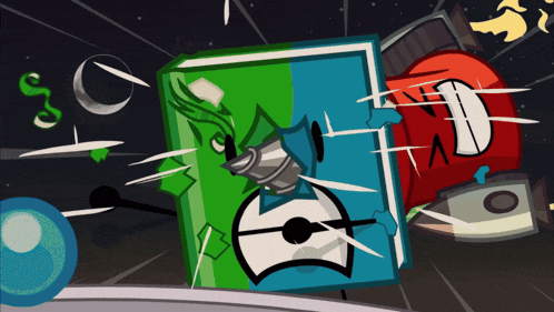 a cartoon drawing of a green and blue object fighting