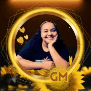 a woman is smiling in a gold circle with the word gm on it .