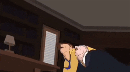 a cartoon of two men looking up at something in a dark room