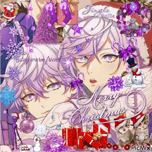 a merry christmas card with a purple anime character