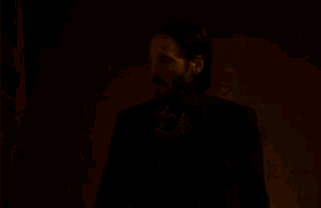 a man with a beard and mustache is standing in a dark room .