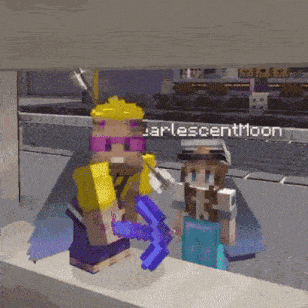 a couple of minecraft characters standing next to each other with the name pearlescentmoon in the corner