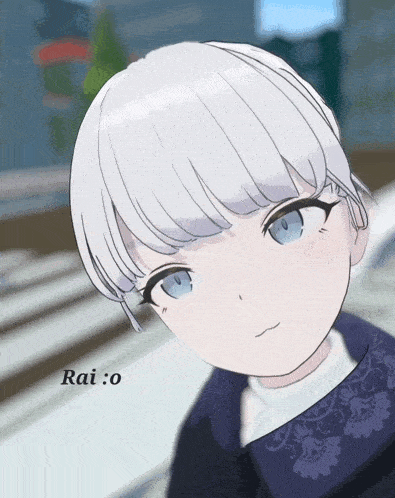 a drawing of a girl with white hair and blue eyes with the name rai o on the bottom