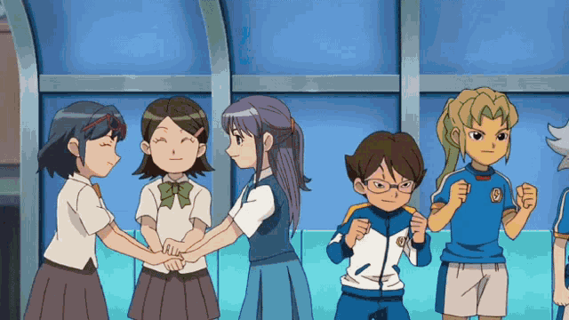 a group of cartoon characters are shaking hands and one of them is wearing a shirt with the letter o on it