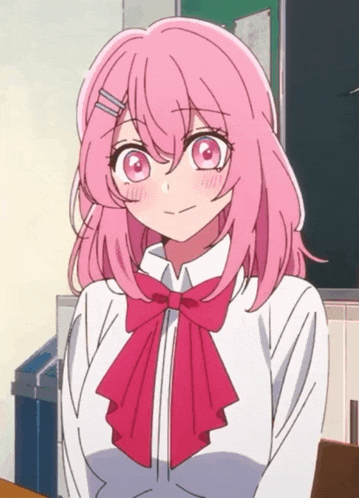 a girl with pink hair and a bow tie