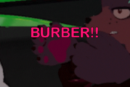 a cartoon character with a green hat and the word burber in pink
