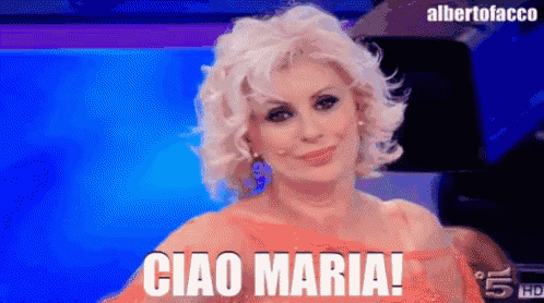 a woman in an orange dress says ciao maria on a blue background