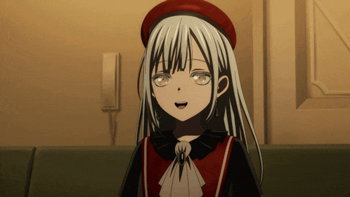 a girl with long white hair wearing a red beret