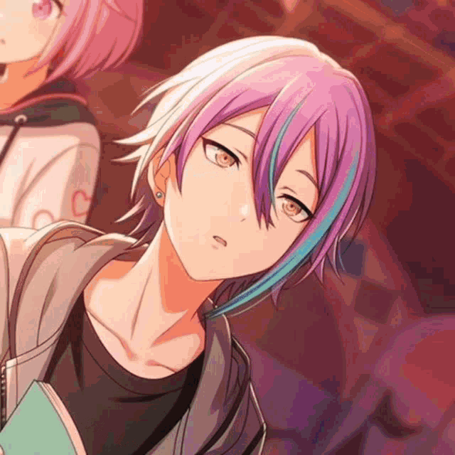 a girl with purple hair and blue streaks is holding a book