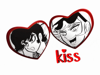 a couple of hearts with the word kiss on them