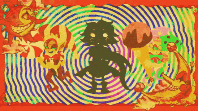 a colorful cartoon with a silhouette of a girl in the middle of a spiral .