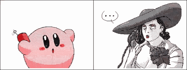 a pixel art of kirby and a pixel art of a woman talking on a telephone