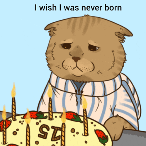 a cat is sitting in front of a birthday cake with candles and the words i wish i was never born
