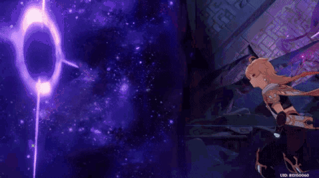 a screenshot of a video game shows a character with a red light coming out of his back