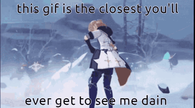 a gif of a person standing in the snow with the caption this gif is the closest you 'll ever get