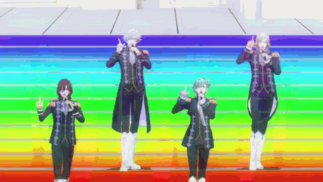 a group of anime characters are dancing on a stage with a rainbow background