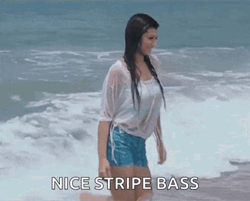 a woman walking on the beach with the words nice stripe bass written below her