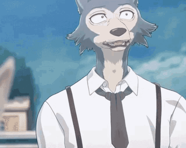 a cartoon wolf wearing a white shirt and suspenders