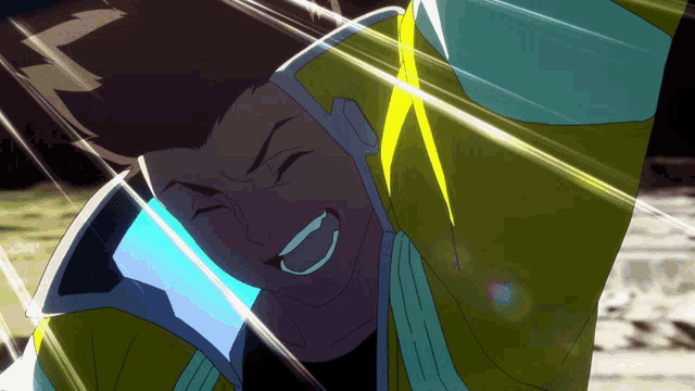 a cartoon character with a yellow jacket and blue sleeves is smiling