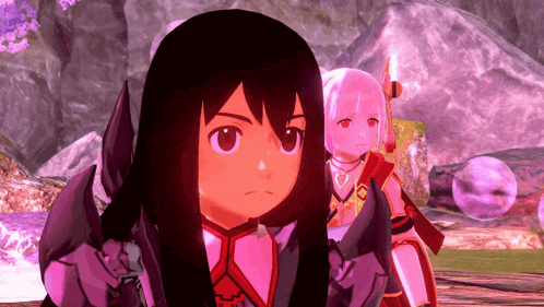 a girl with long black hair stands next to a girl with pink hair