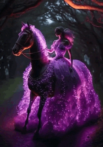 a woman in a purple dress is riding a horse in the woods .