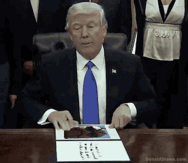 donald trump is sitting at a desk with a book open to a page that says ' donald draws.com ' on it