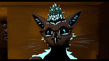 a cartoon drawing of a cat with glasses and a crown on its head