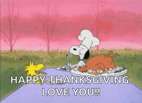a cartoon of snoopy and woodstock eating a turkey with the words happy thanksgiving love you