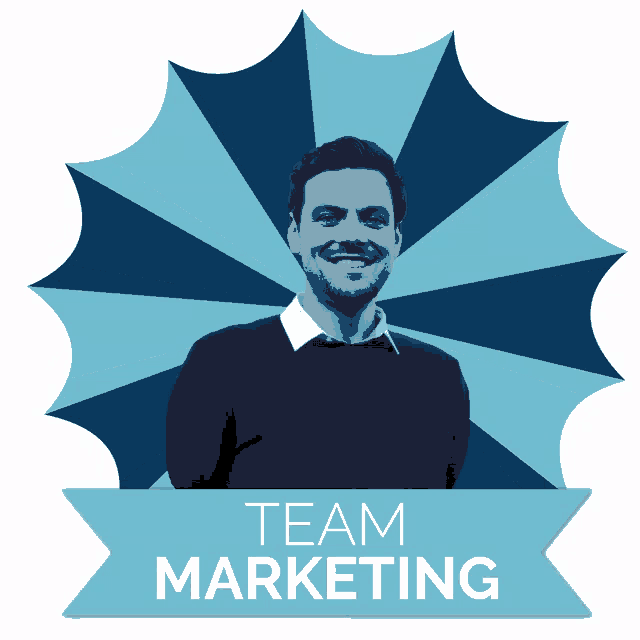 a man is smiling in front of a blue umbrella with the words team marketing below him