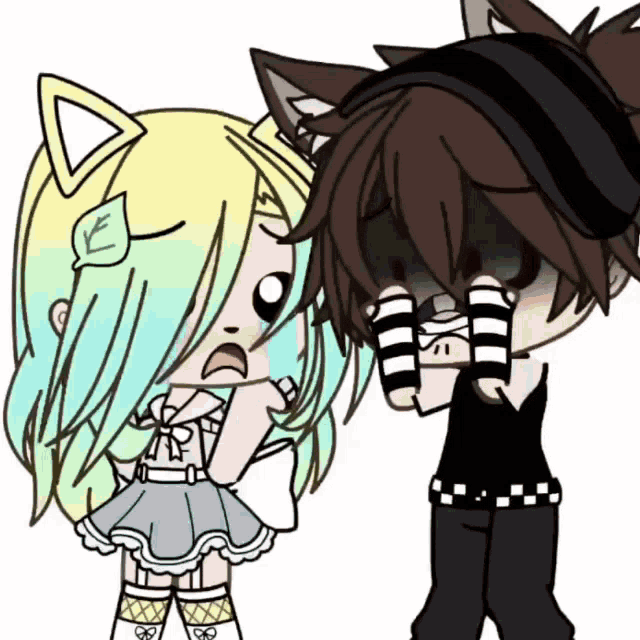 a boy and a girl standing next to each other with the girl crying