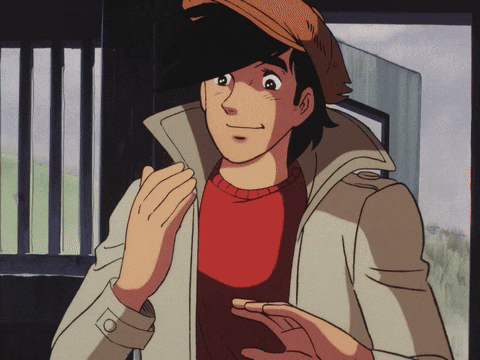a cartoon character wearing a hat and a trench coat is smiling