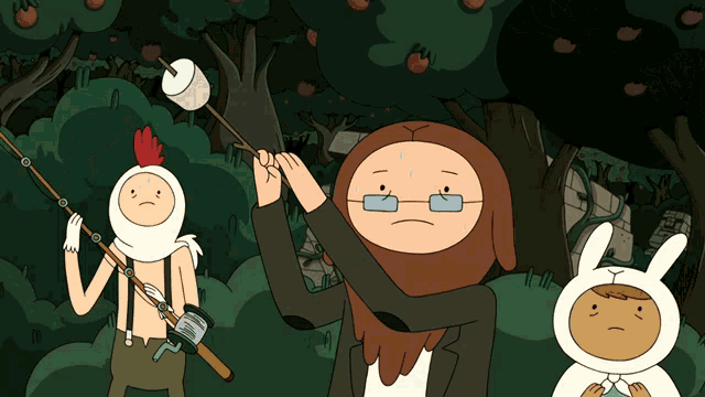 a cartoon character with glasses is holding a fishing rod and a marshmallow on a stick