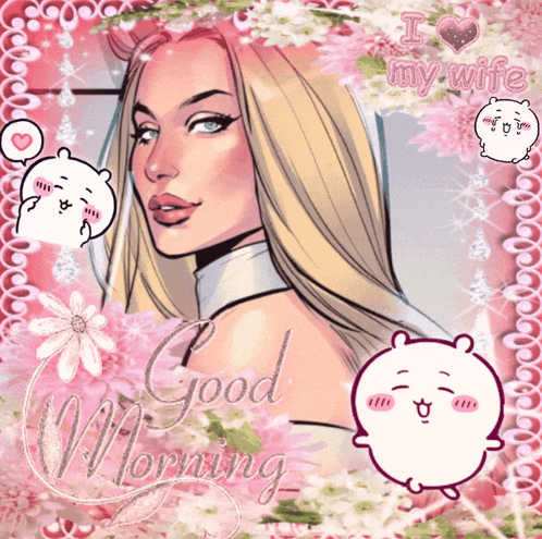 a picture of a woman with flowers and the words good morning on it