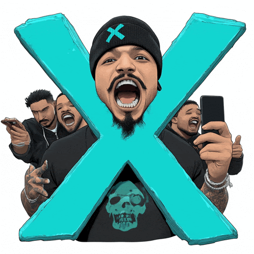 a group of men are standing around a large x with a skull on their shirt