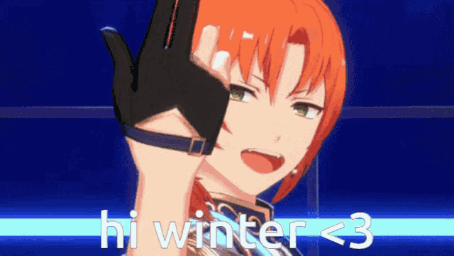 a girl with red hair is wearing a black glove and says hi winter < 3 on the bottom
